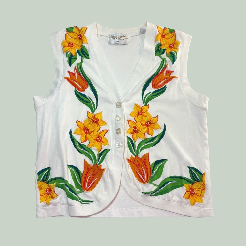 Marisa Christina Classics Womens White Floral Embroidered Cotton Knit Vest M
